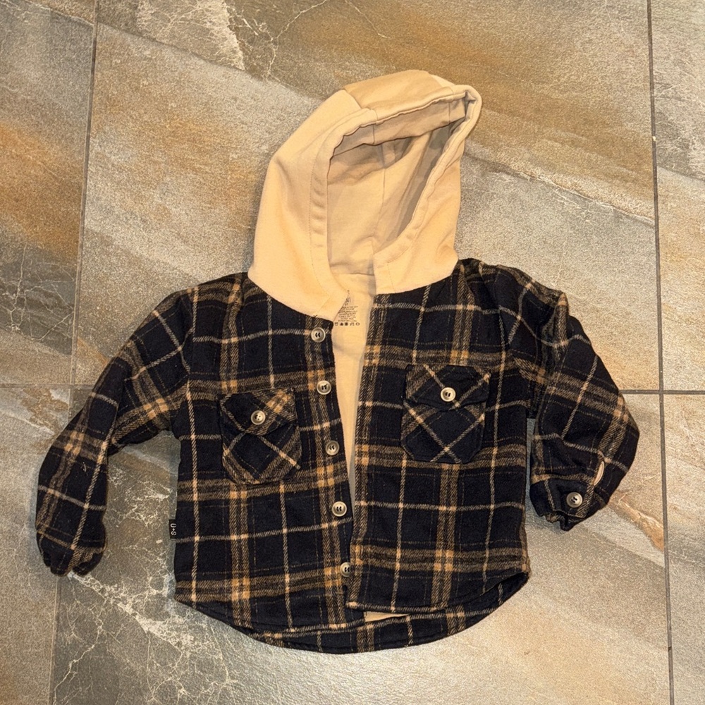 Olive + Scout- Plaid Hooded Kids Shirt - Black and Tan- 3T